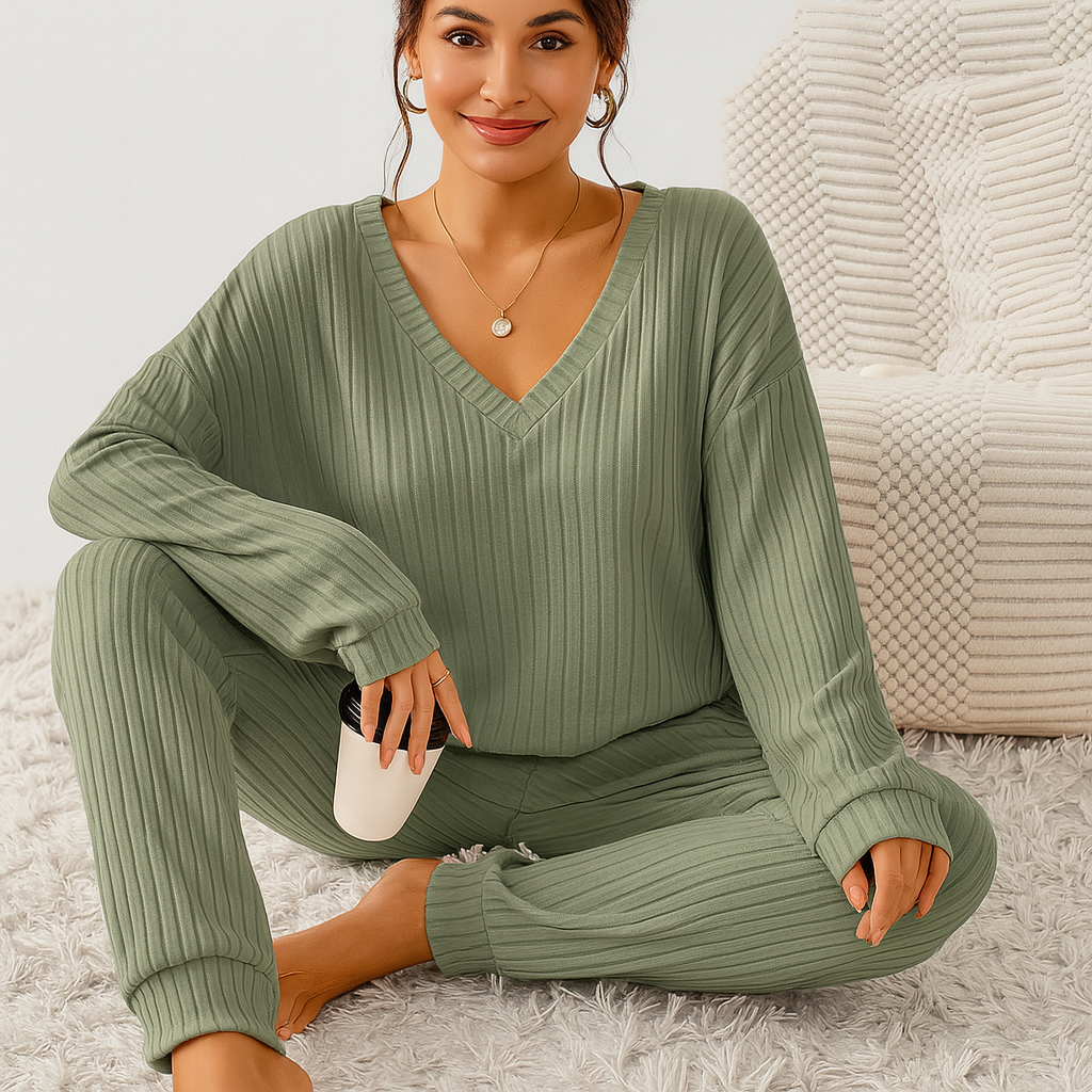 Women's Rib Knit Lounge Set - Solid V-Neck Top and Elastic Waistband Jogger Pants
