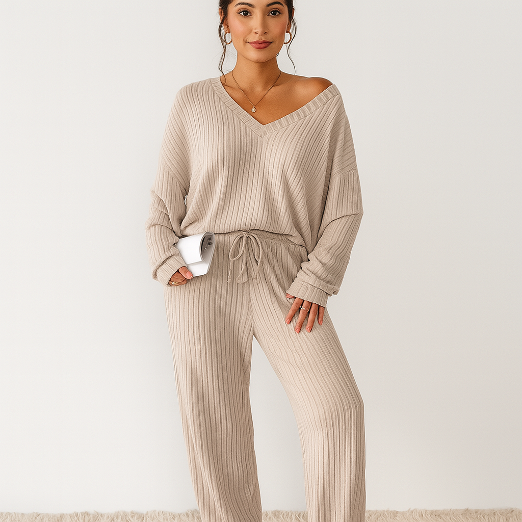 レディースリブニットラウンジセット - 無地Vネックトップと伸縮性ウエストバンドジョガーパンツ