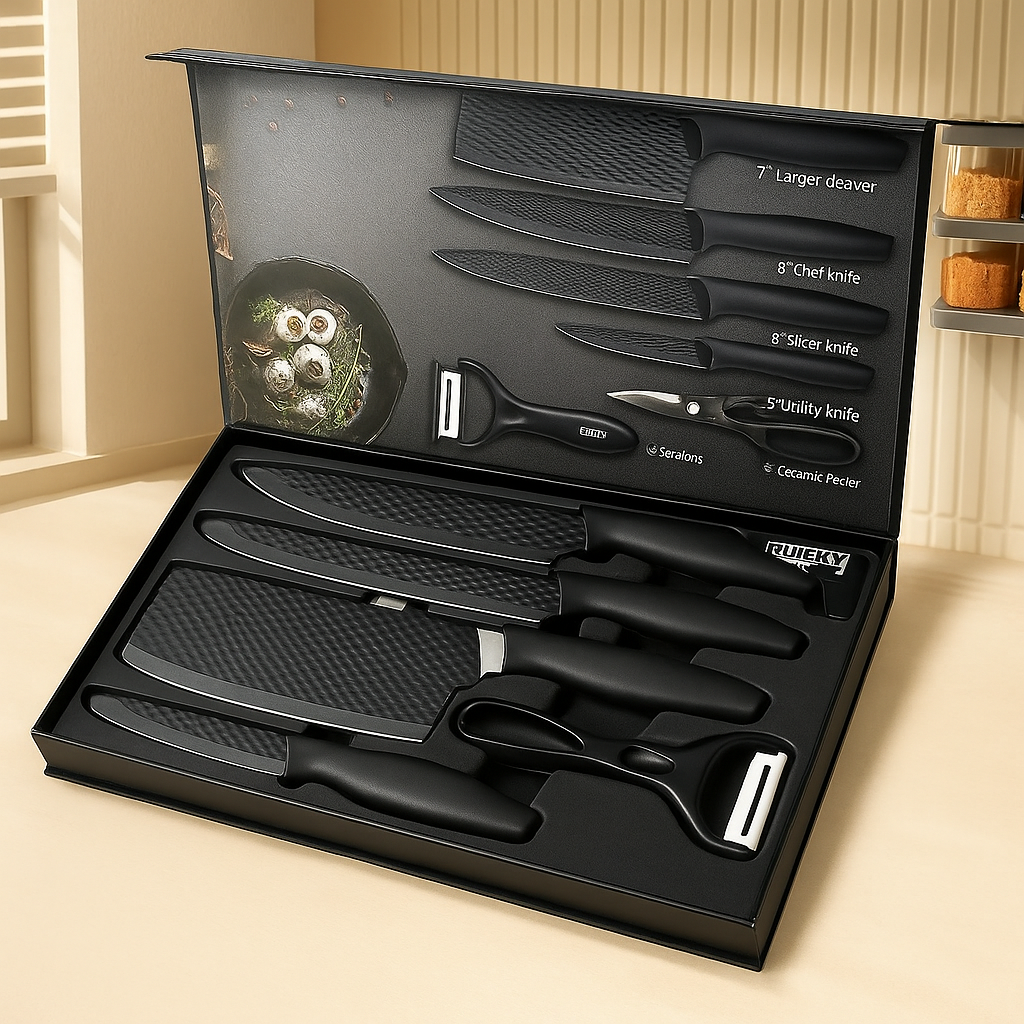Chephora | 6-Piece Stainless Steel Kitchen Knife and Accessory Set – Black Gift Edition