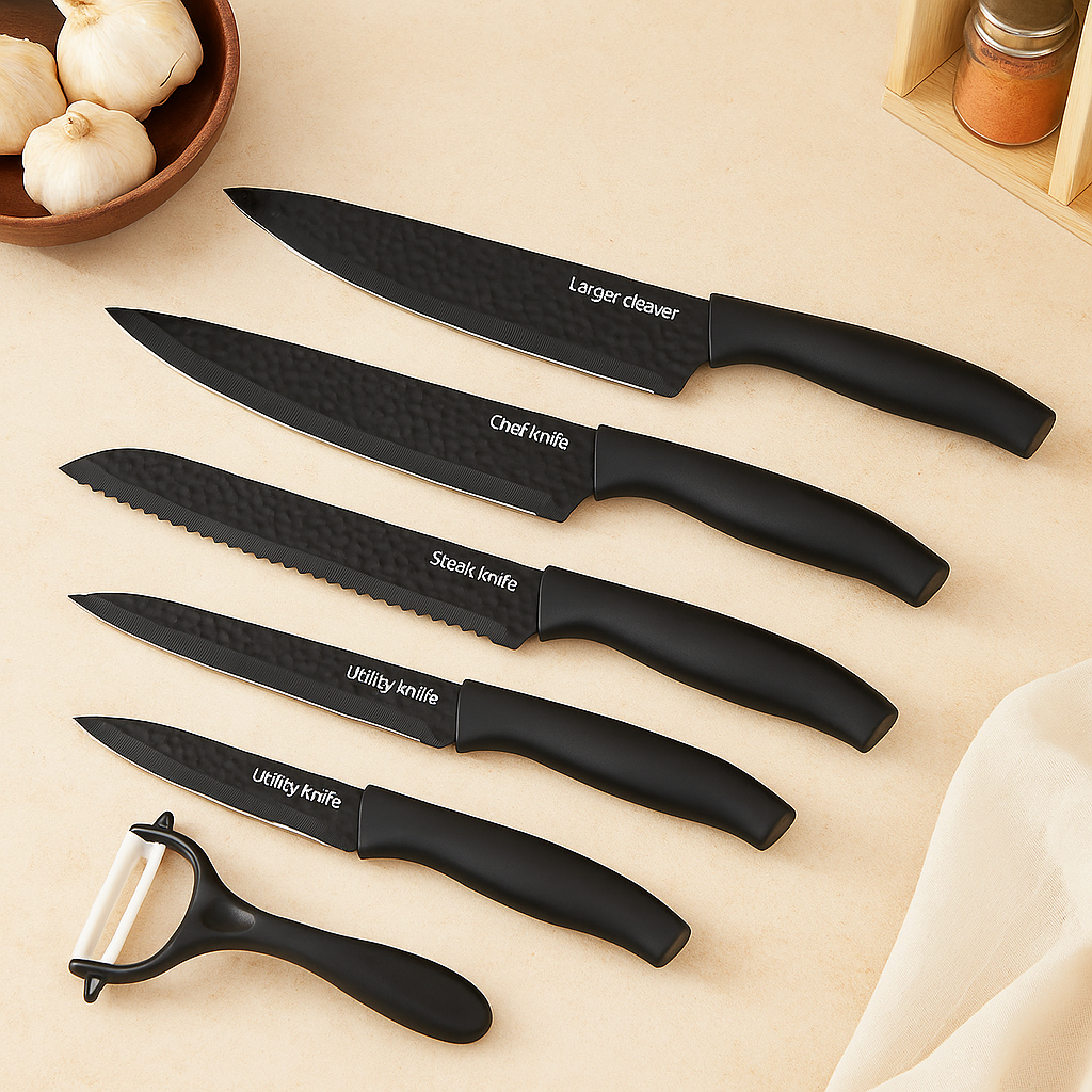 Chephora | 6-Piece Stainless Steel Kitchen Knife and Accessory Set – Black Gift Edition