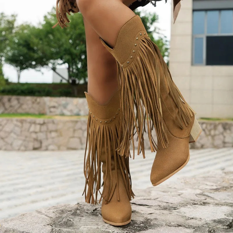 Chisato - Non-slip knee-high cowboy boots (pointed toe)