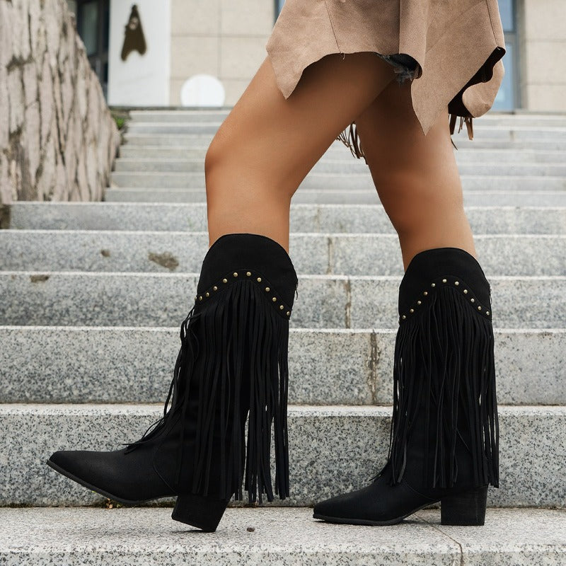 Chisato - Non-slip knee-high cowboy boots (pointed toe)