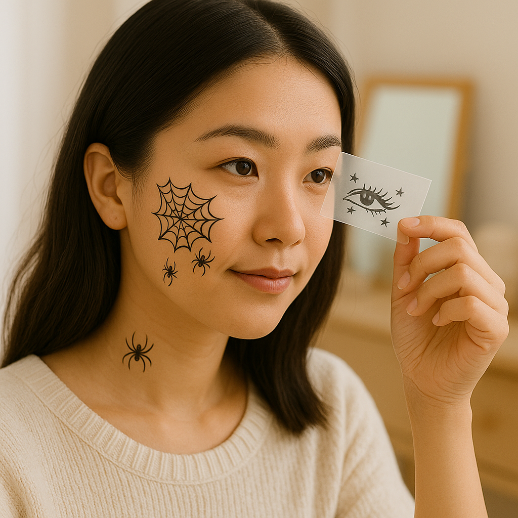 ダークオーラ| ハロウィンフェイクタトゥーシール 10枚セット – 顔、腕、パーティーの装飾に使える黒蜘蛛の巣模様