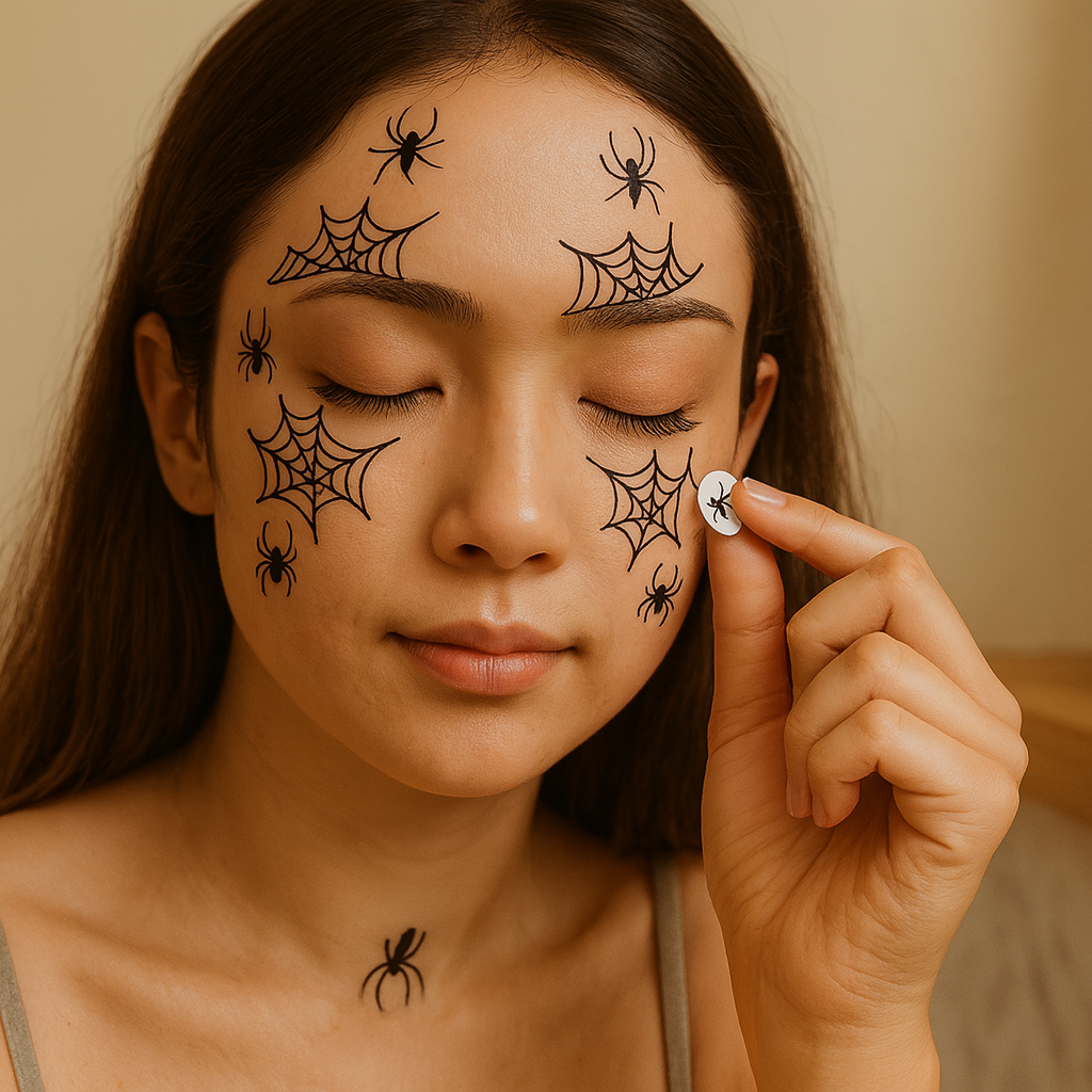 ダークオーラ| ハロウィンフェイクタトゥーシール 10枚セット – 顔、腕、パーティーの装飾に使える黒蜘蛛の巣模様