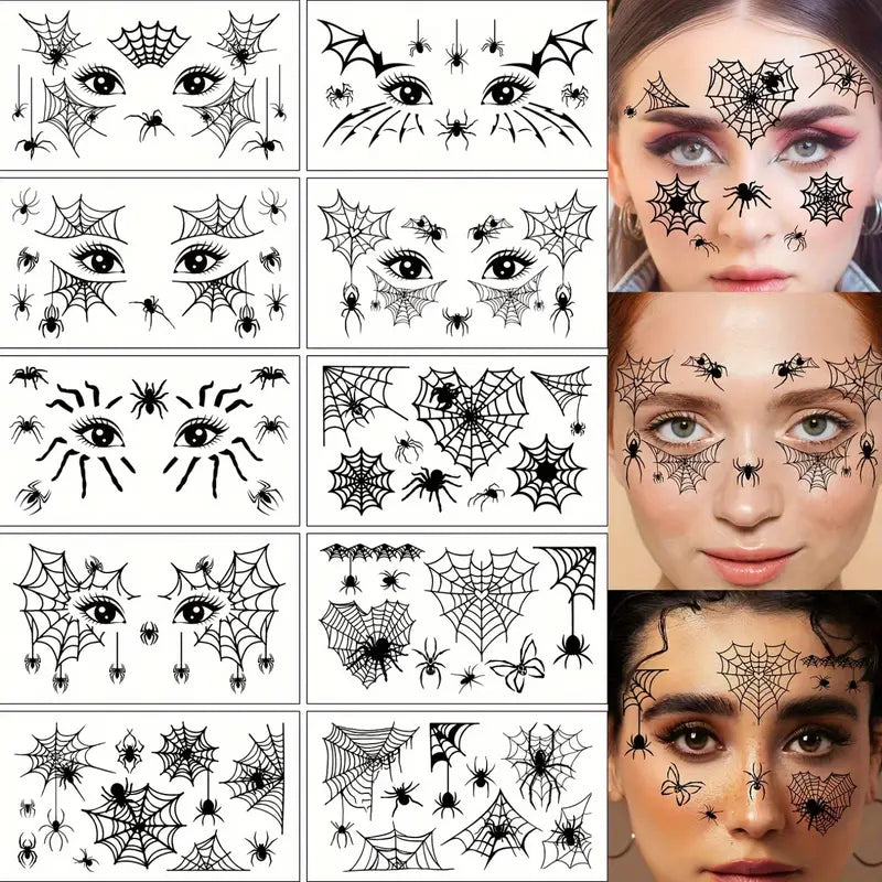 Dark Aura | 10-Pack Halloween Fake Tattoos – Black Spider Web Design for Face, Arm, or Party Decorations