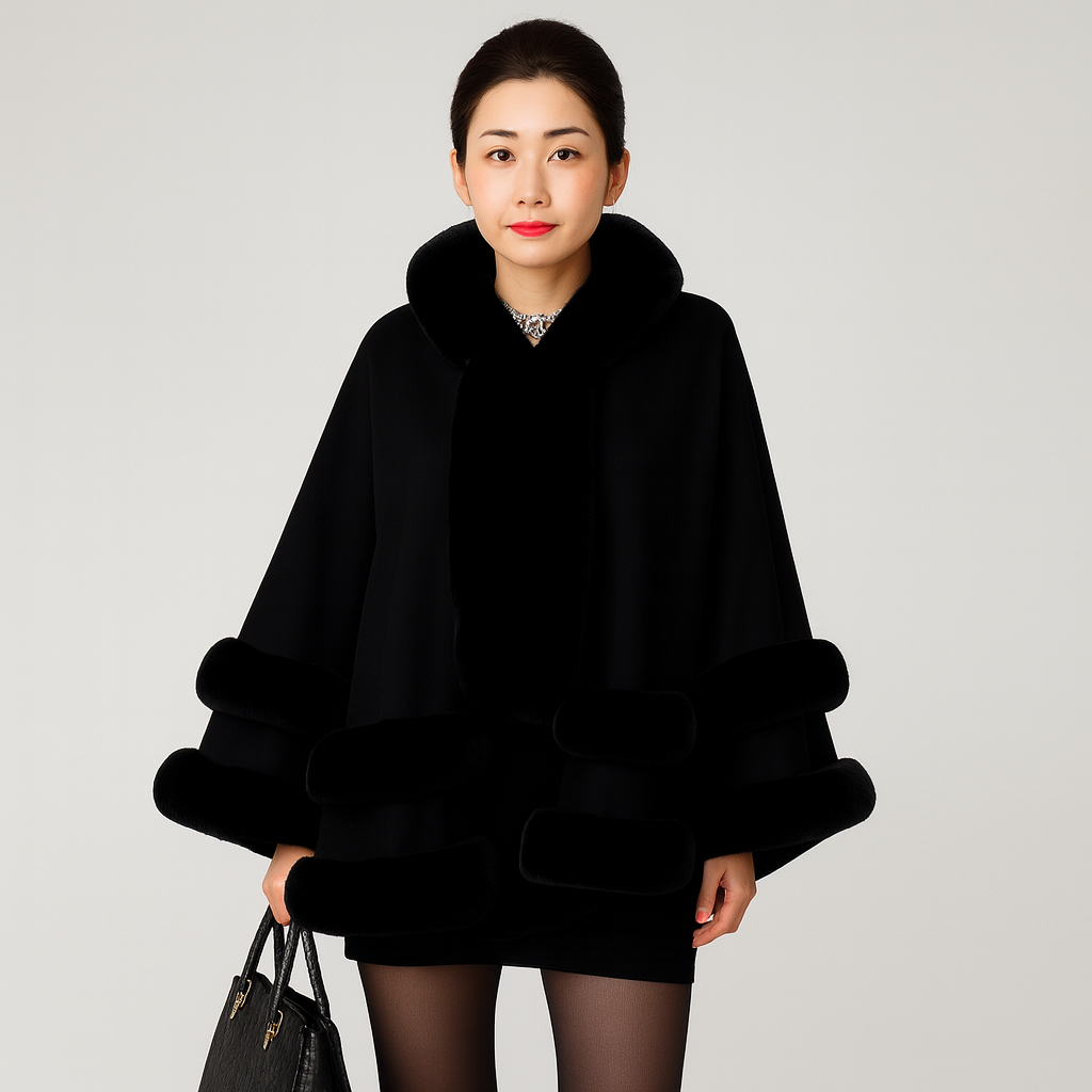 Friedela | Fluffy-lined hooded cape coat (plus size)