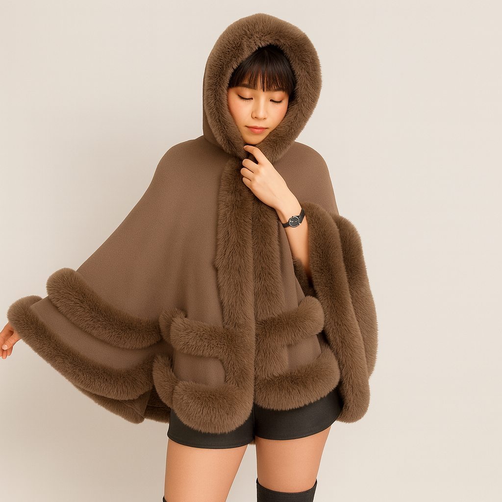 Friedela | Fluffy-lined hooded cape coat (plus size)