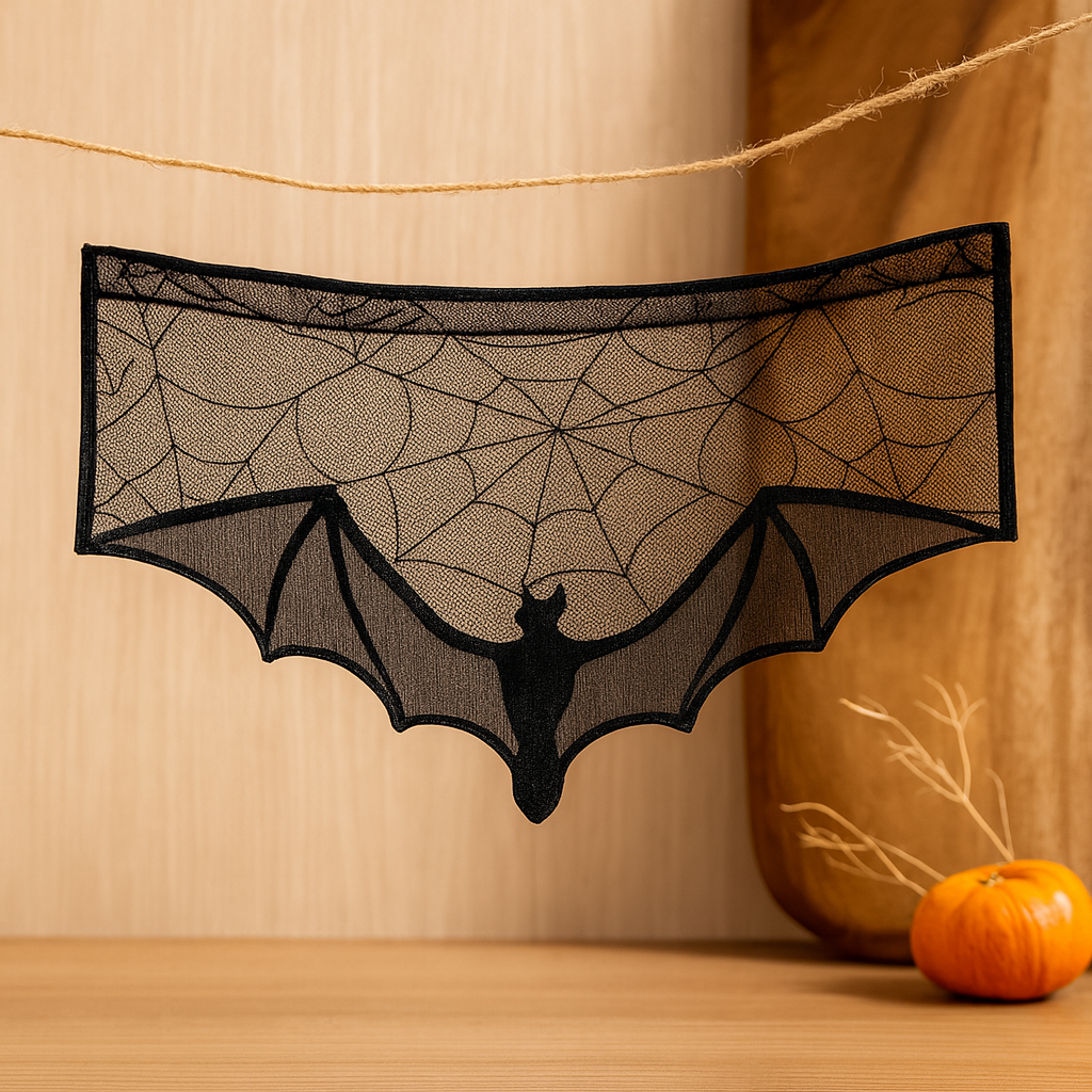 Gothic Lace Halloween Lace Decoration - Black Bat and Spider Web Throw