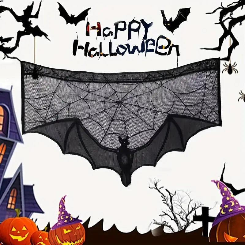 Gothic Lace Halloween Lace Decoration - Black Bat and Spider Web Throw