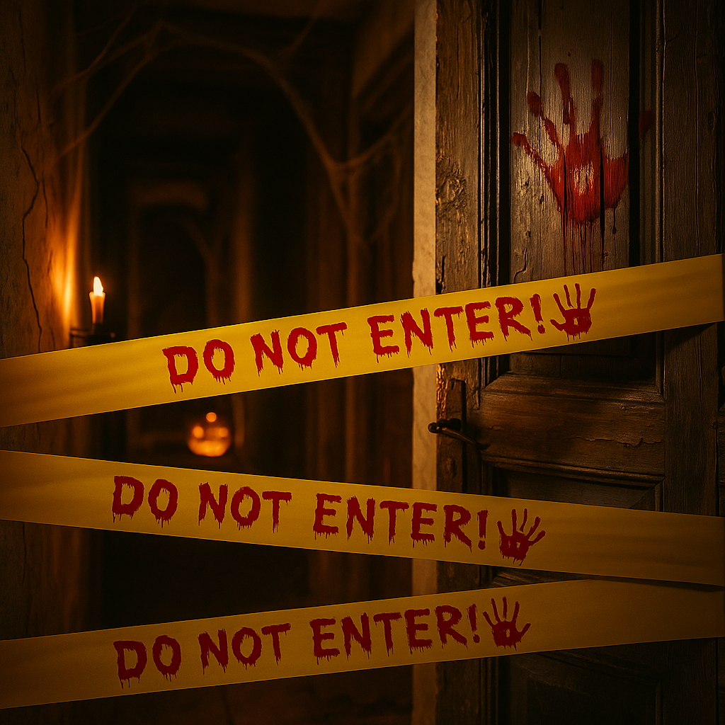 血まみれの手形が付いたハロウィーン警告テープ - ホラーパーティーやお化け屋敷に最適な25mのプラスチック装飾ロール
