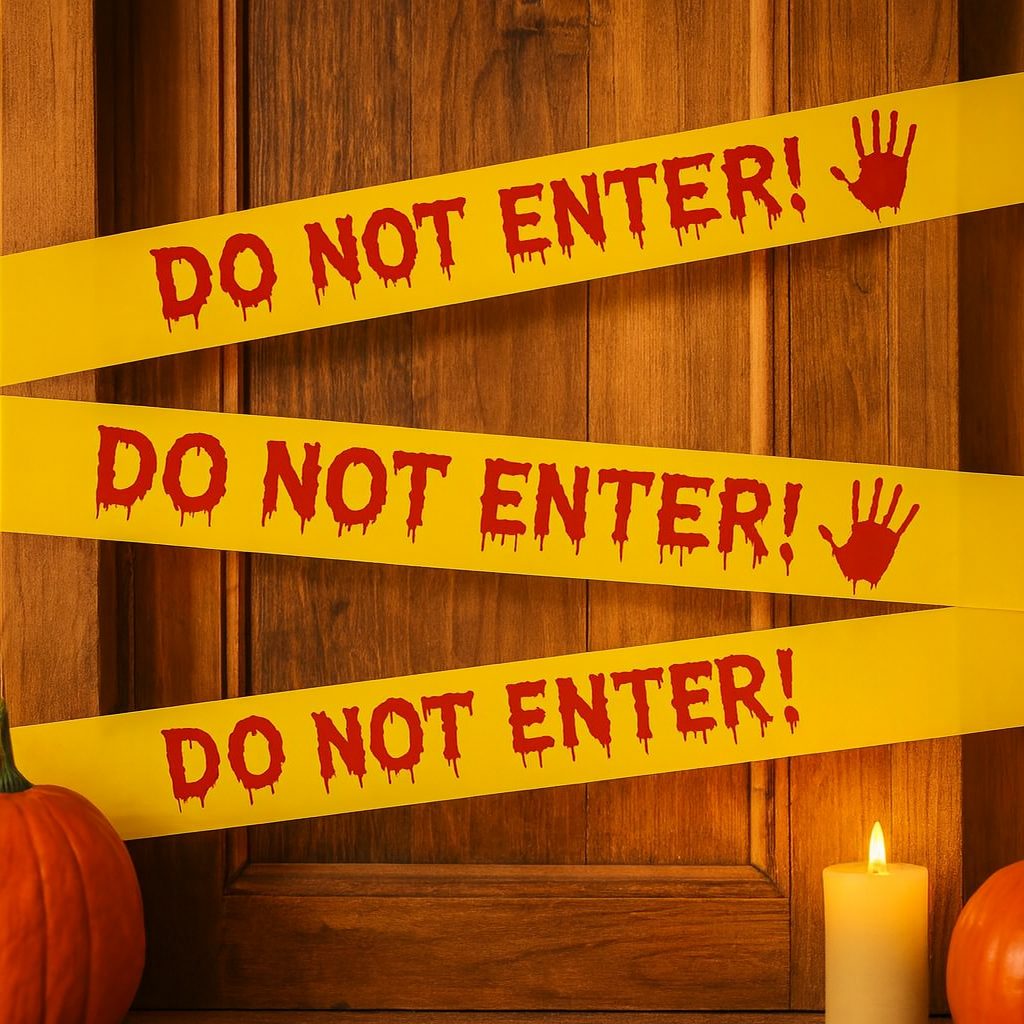 血まみれの手形が付いたハロウィーン警告テープ - ホラーパーティーやお化け屋敷に最適な25mのプラスチック装飾ロール