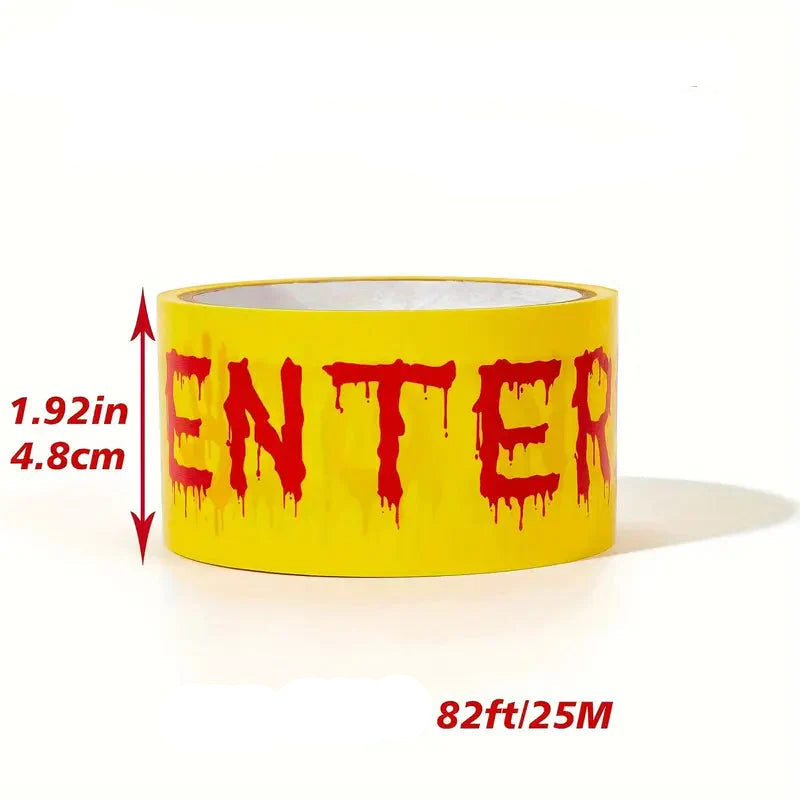 Halloween Warning Tape with Bloody Handprints - 25m Plastic Decorative Roll, Perfect for Horror Parties and Haunted Houses
