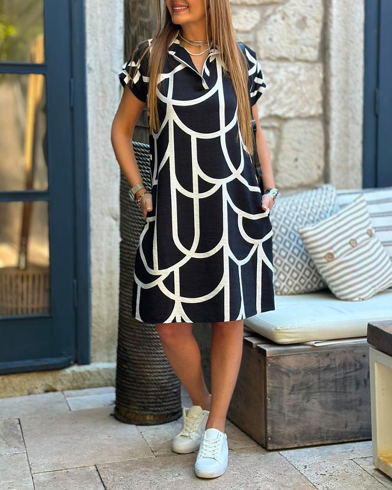 Helga - Lapel Print Short Sleeve Midi Dress