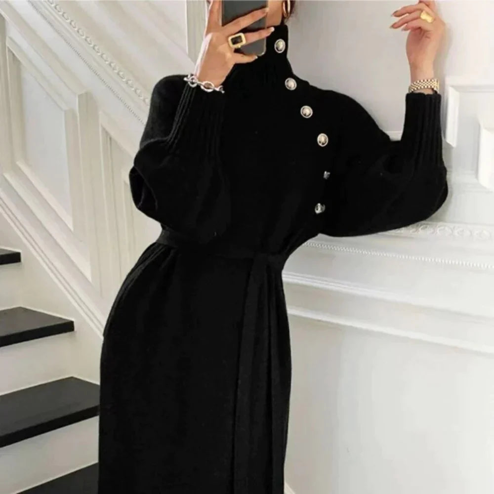 Manami - High collar, buttons, belted long sleeve knit dress