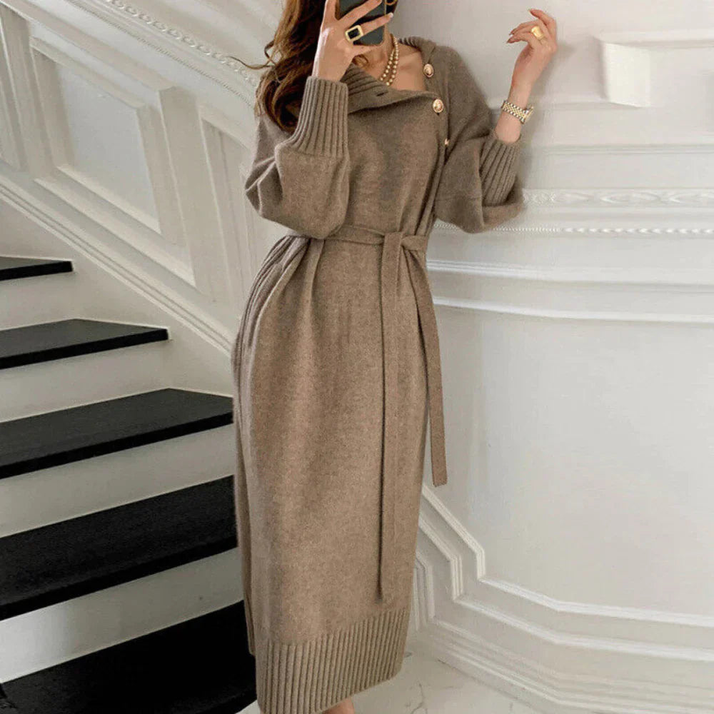 Manami - High collar, buttons, belted long sleeve knit dress