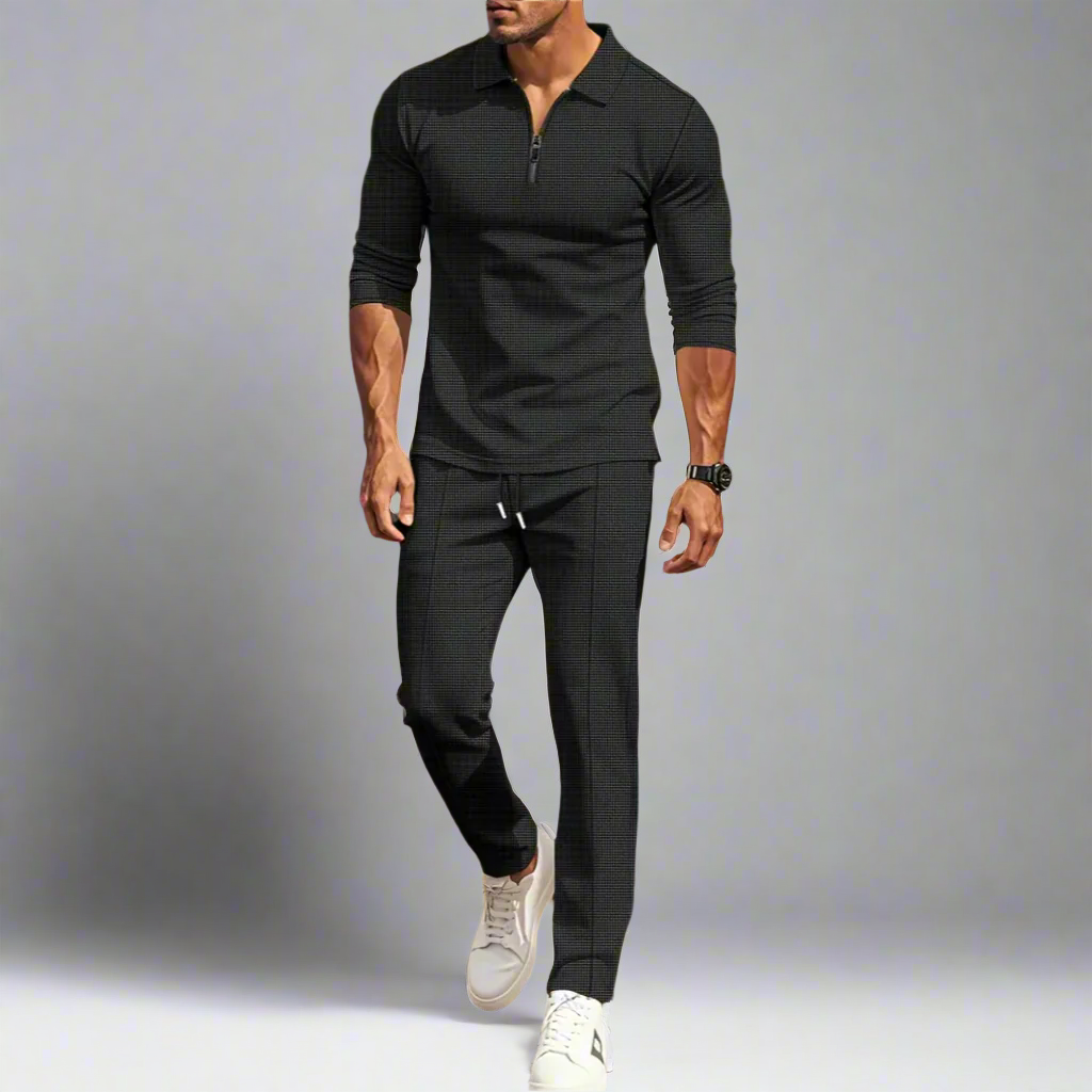 Men's Casual Streetwear Set - Solid Color Long Sleeve Half Zip Top and Matching Pants, Lightweight and Breathable