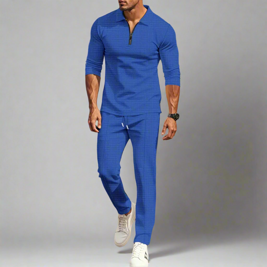 Men's Casual Streetwear Set - Solid Color Long Sleeve Half Zip Top and Matching Pants, Lightweight and Breathable