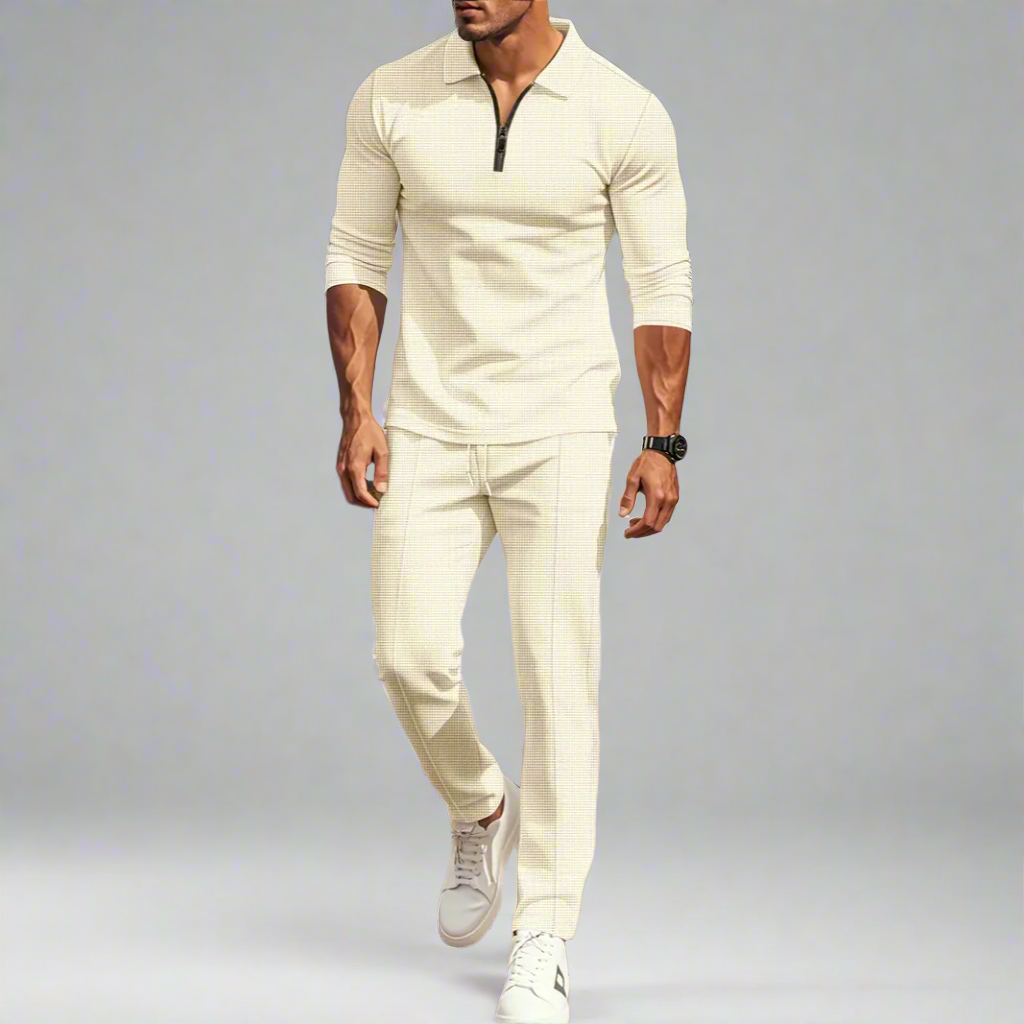 Men's Casual Streetwear Set - Solid Color Long Sleeve Half Zip Top and Matching Pants, Lightweight and Breathable