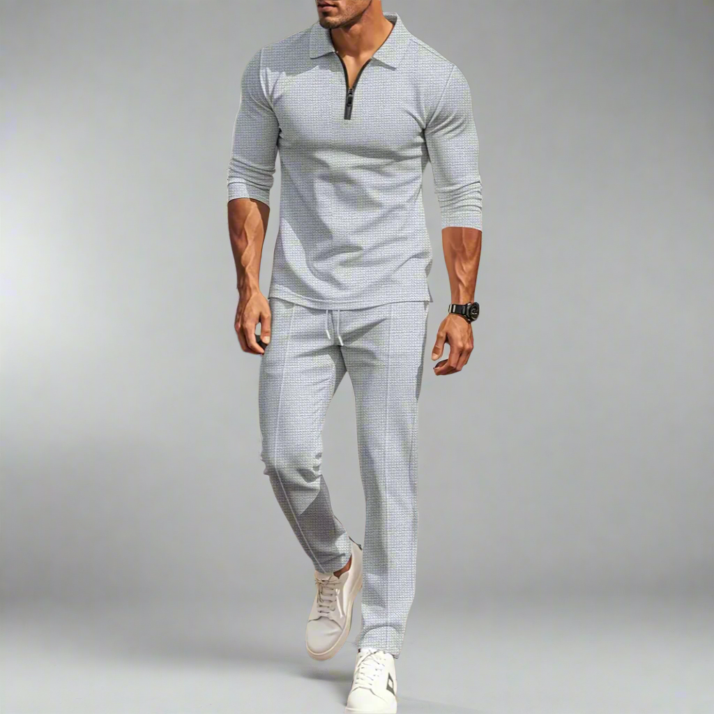 Men's Casual Streetwear Set - Solid Color Long Sleeve Half Zip Top and Matching Pants, Lightweight and Breathable
