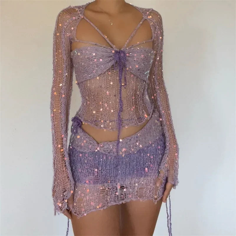 Frederike - 2-piece long sleeve sequin knit top and cutout bodycon skirt