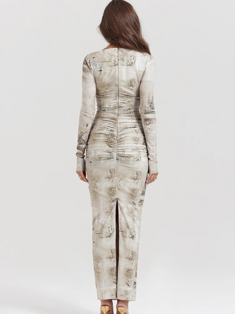 A-Line Long Sleeve Pleated Sheath Dress