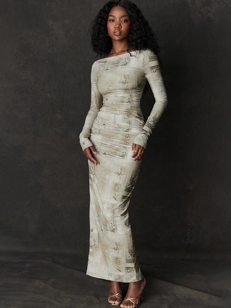 A-Line Long Sleeve Pleated Sheath Dress