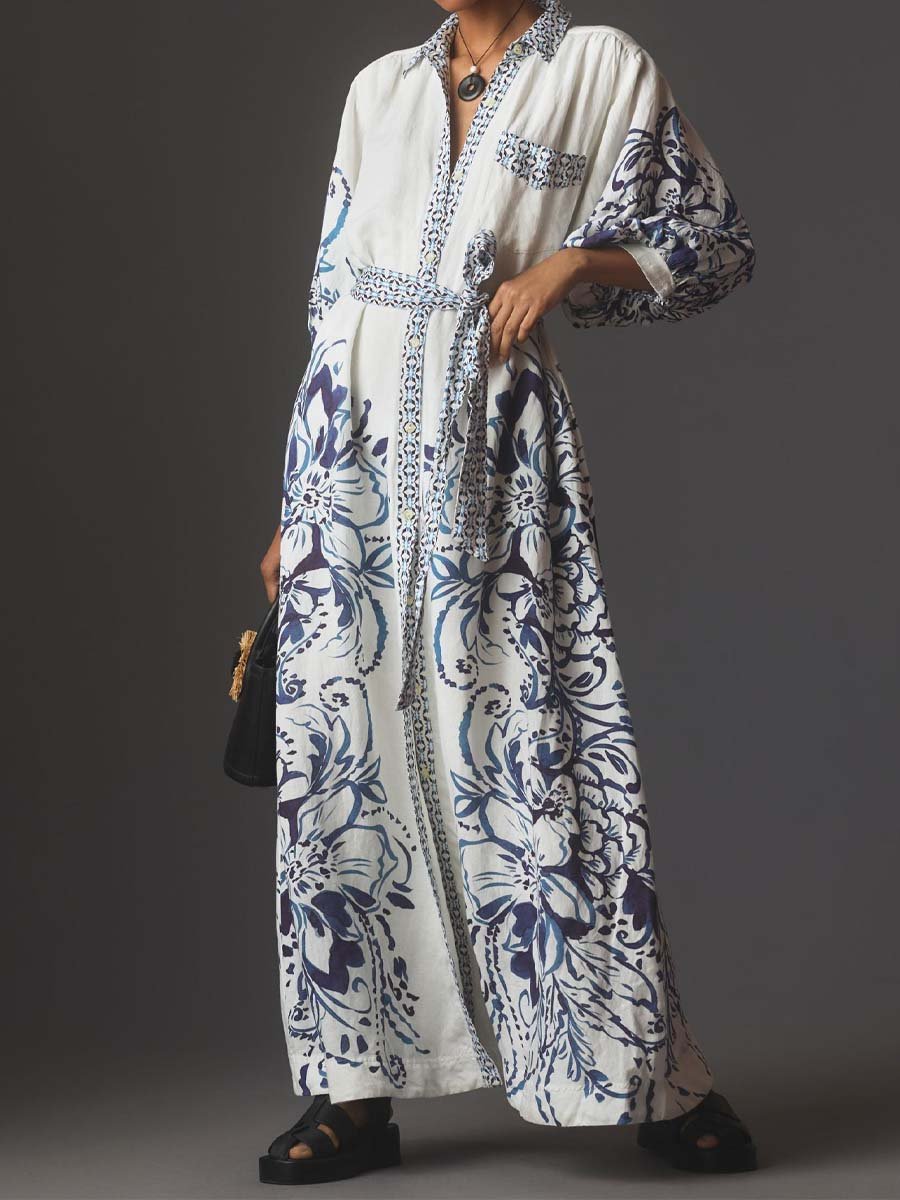 Lizbeth - Long-sleeved linen dress with button closure