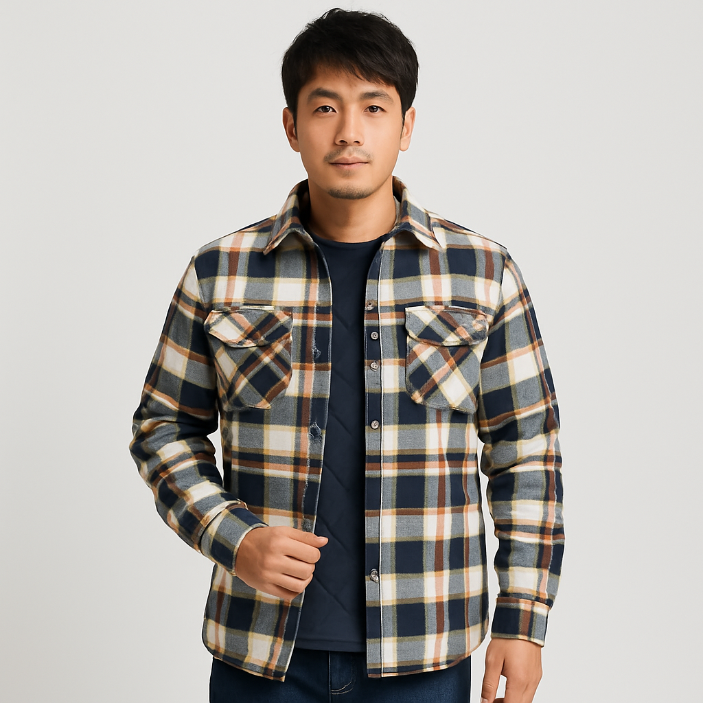 Men's Flannel Shirt Jacket, Long Sleeve, Quilted Lined, Check Pattern, Button-Down, Heavyweight, Winter Outerwear
