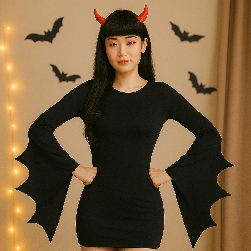 Midnight Eve Bodycon Dress – Black women's dress with a V-neck and batwing sleeves