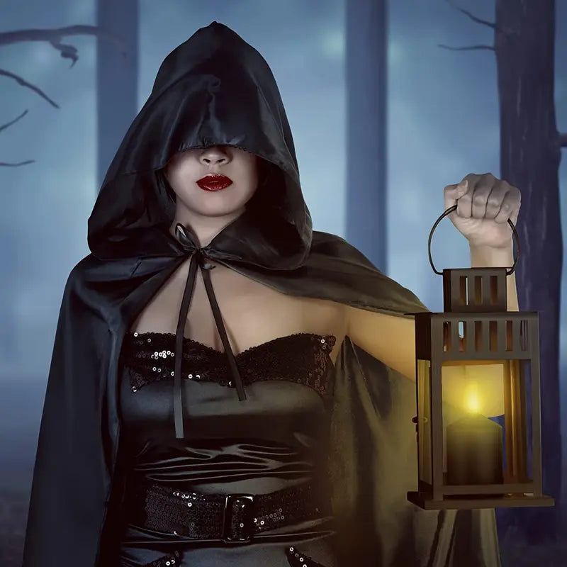 ナイトシェード ハロウィンケープ - フード付きブラックポリエステルコスチューム