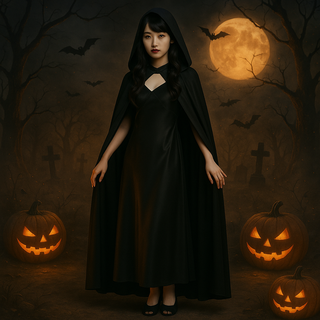 ナイトシェード ハロウィンケープ - フード付きブラックポリエステルコスチューム