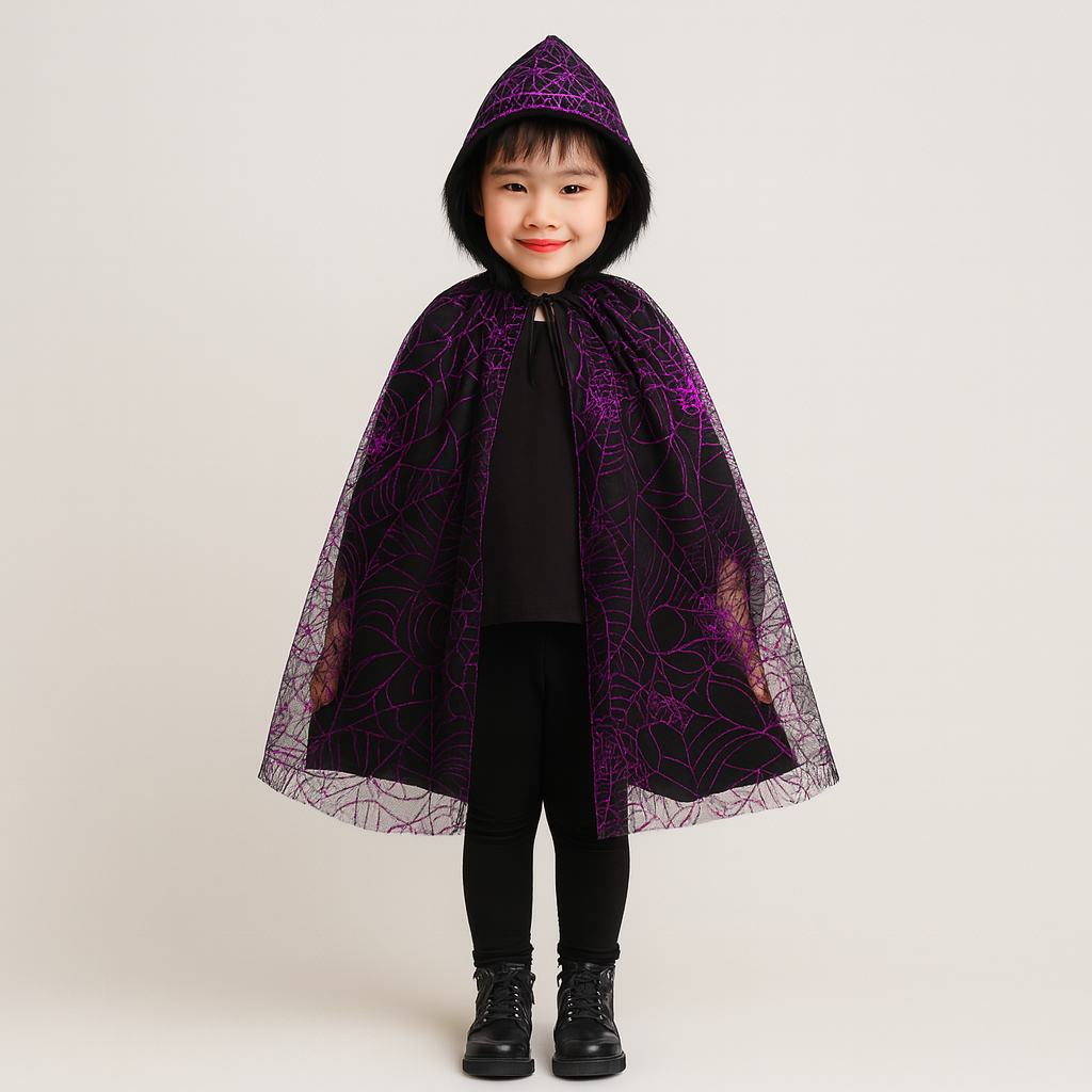 Noctila | Vintage Halloween hooded cape with spider web and bat print
