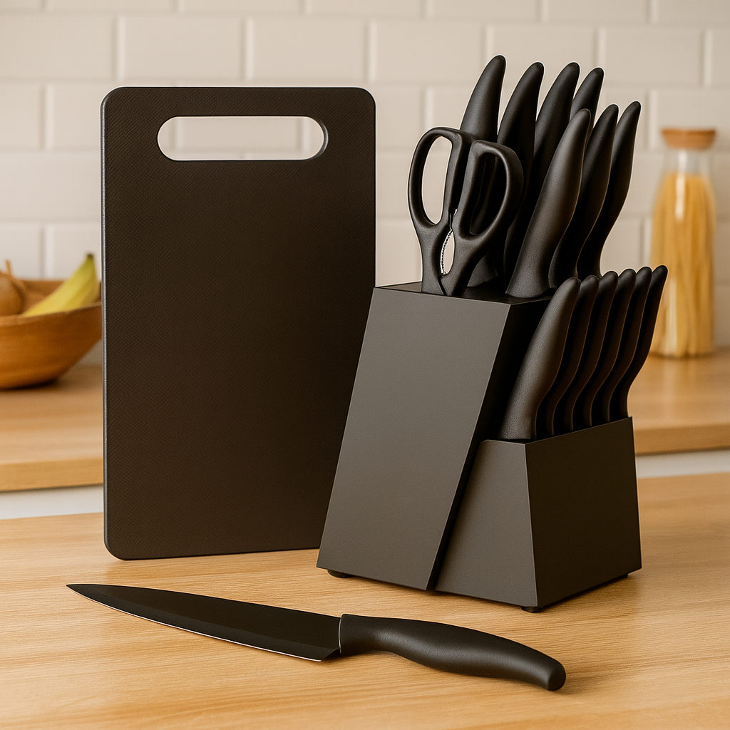 Blackest | 15-Piece Chef's Knife Set with Black Wood Block and Accessories