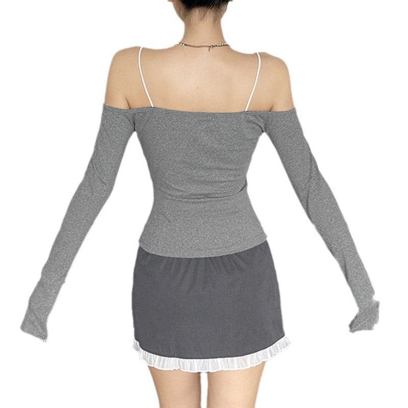 リタ - フリルとリボンが付いたオフショルダーの長袖シャツ