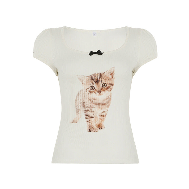 Janie - Cute cat motif and puff sleeve top