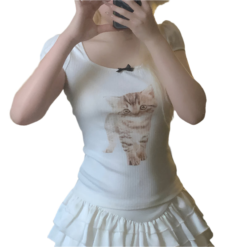 Janie - Cute cat motif and puff sleeve top