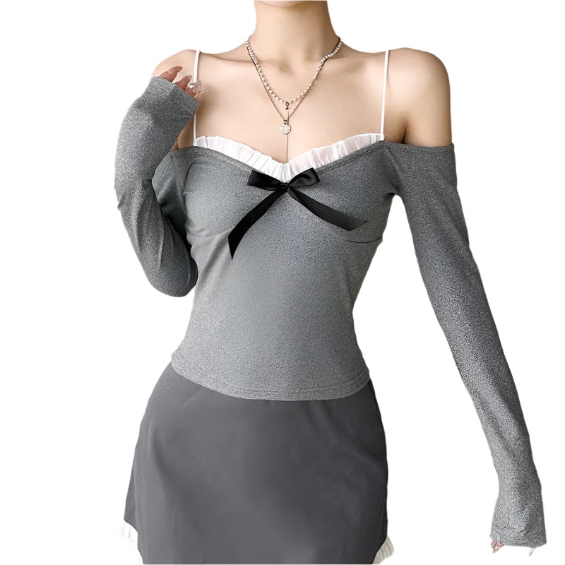 リタ - フリルとリボンが付いたオフショルダーの長袖シャツ