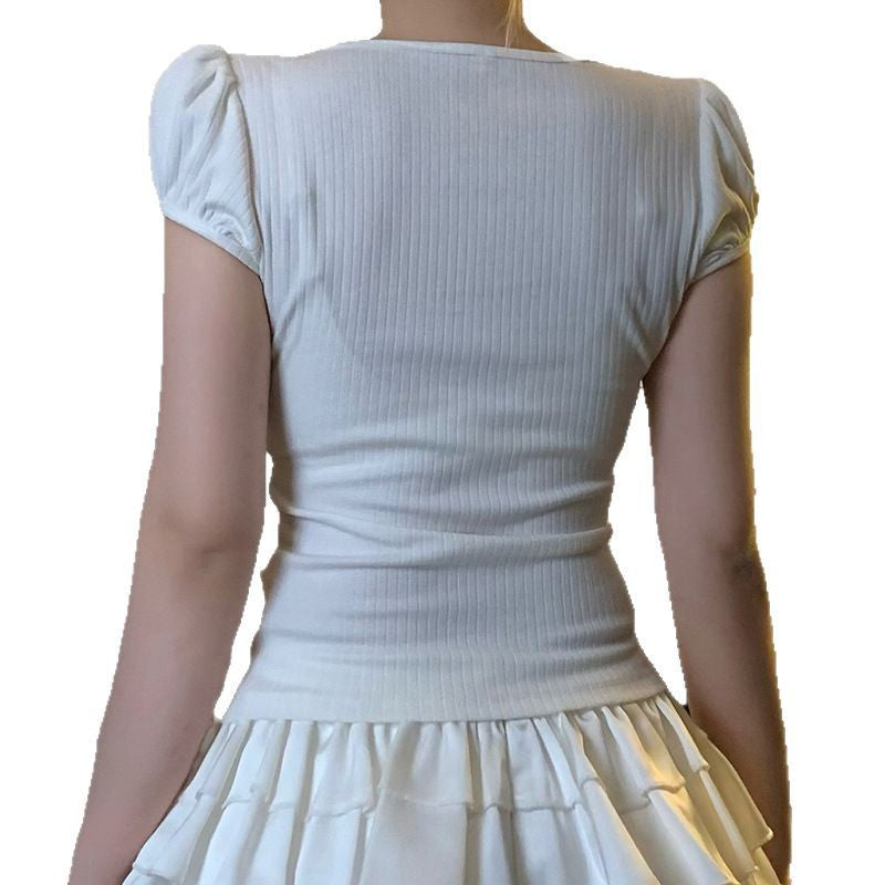 Janie - Cute cat motif and puff sleeve top