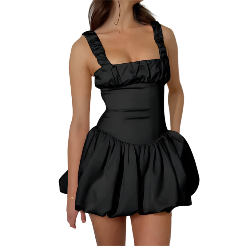 蜂 - スクエアネックとフリルのディテールが特徴のレディース用ボリュームミニドレス