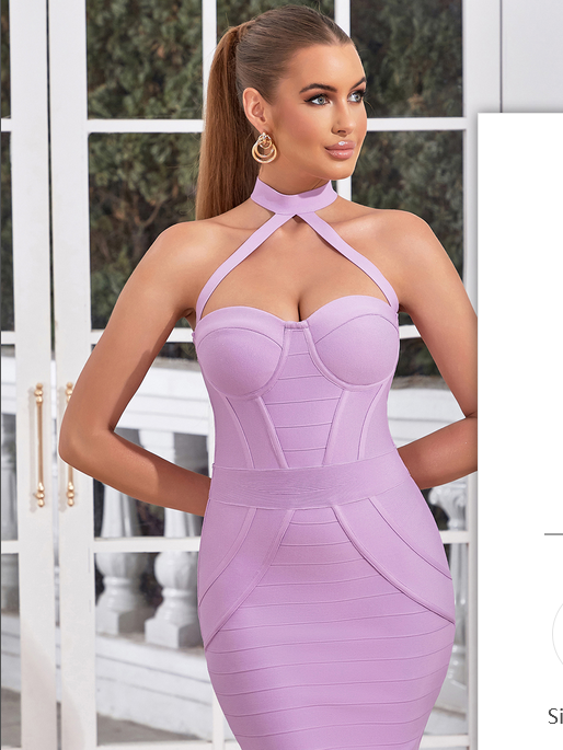 直美 - 裾フリルのバンデージ・クロスオーバー・ホルター・ミディ・ドレス