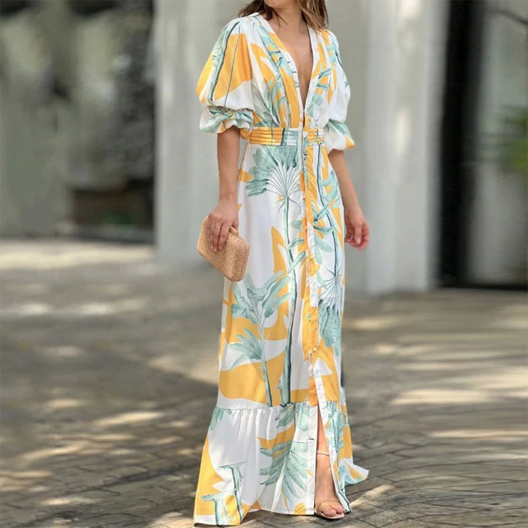 Emily puff sleeve and waist print maxi dress