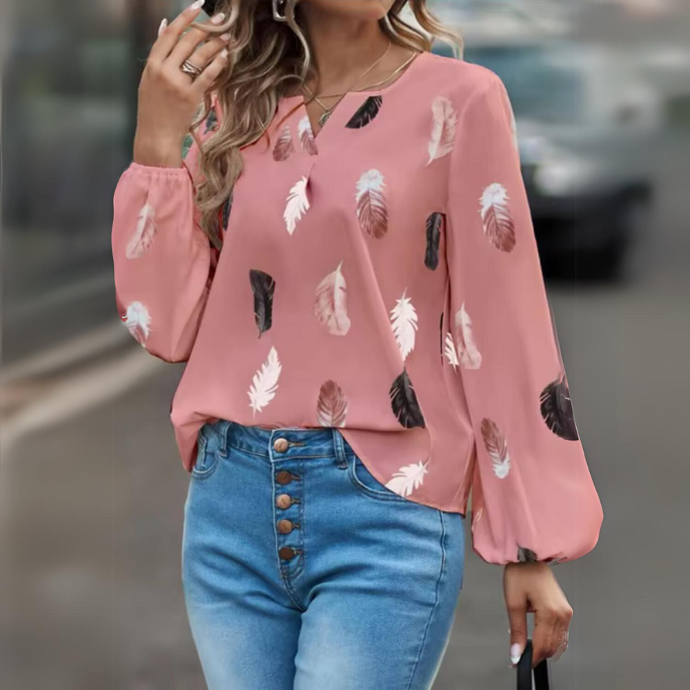 ケリー - エレガントなリーフプリントのVネックシャツ