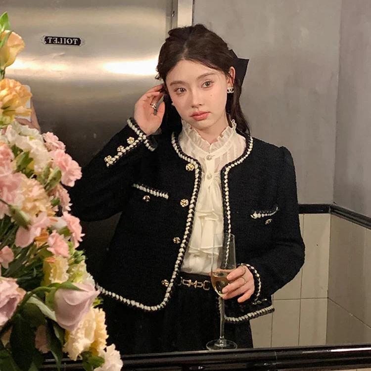 愛理 スタイリッシュ ラウンドネック ツイードブレザー