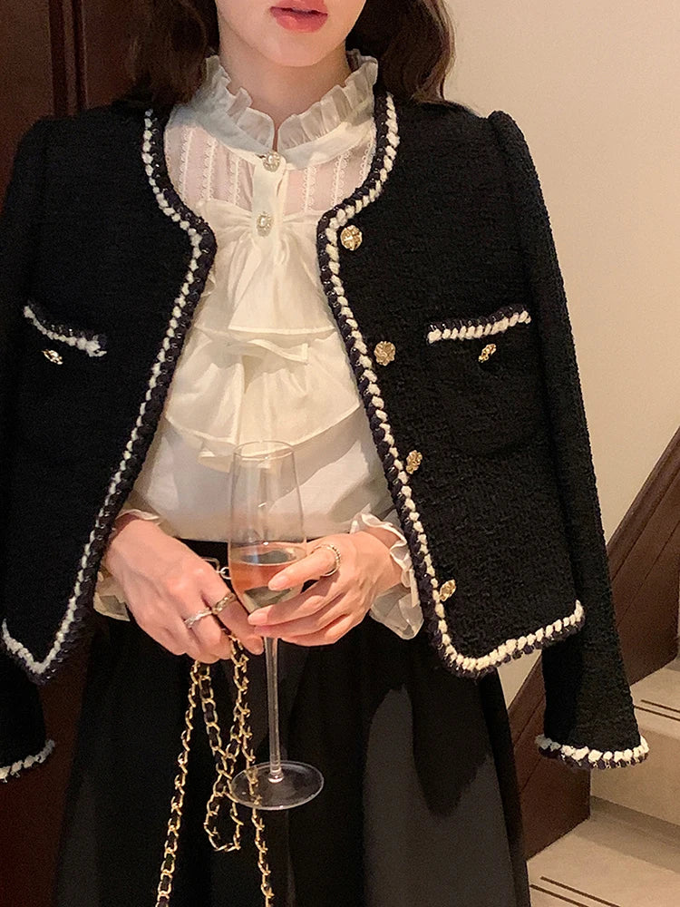 愛理 スタイリッシュ ラウンドネック ツイードブレザー