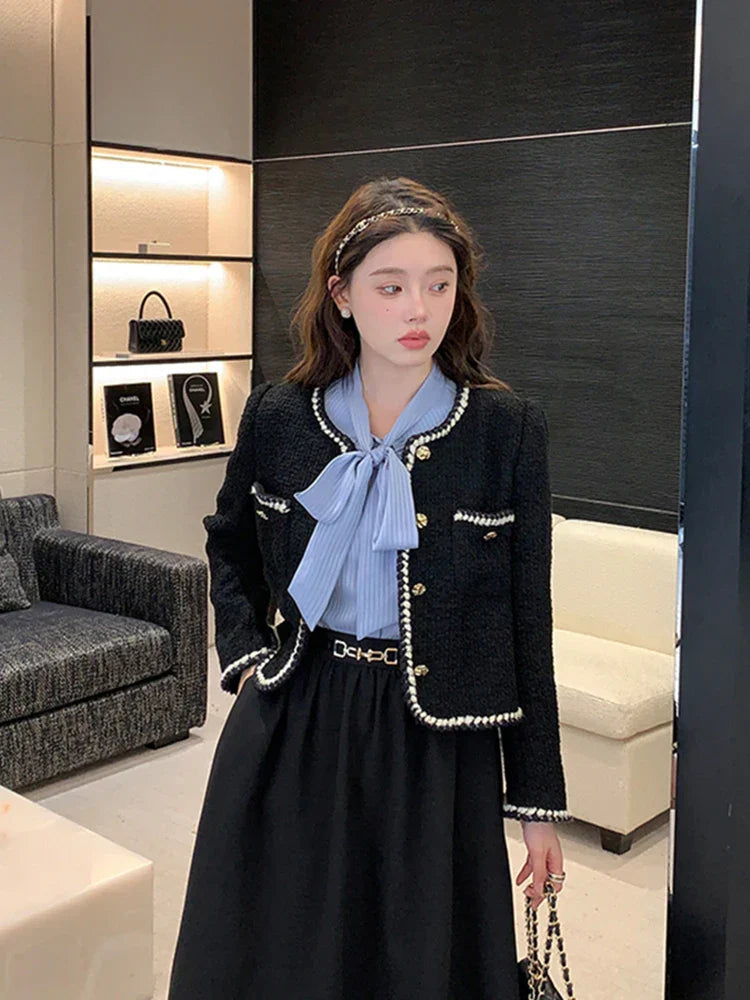 愛理 スタイリッシュ ラウンドネック ツイードブレザー