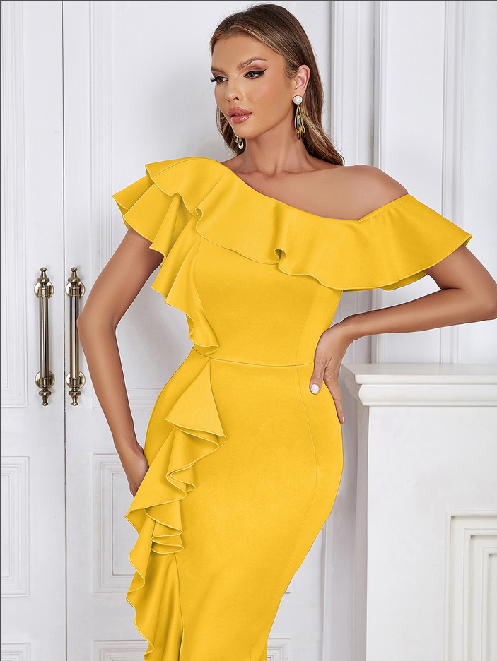 Hina - Asymmetrical Bodycon & Midi Dress with Ruffle Collar