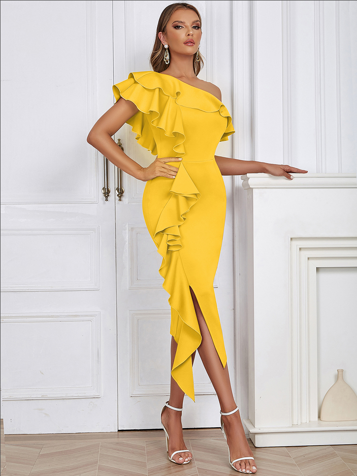 Hina - Asymmetrical Bodycon & Midi Dress with Ruffle Collar