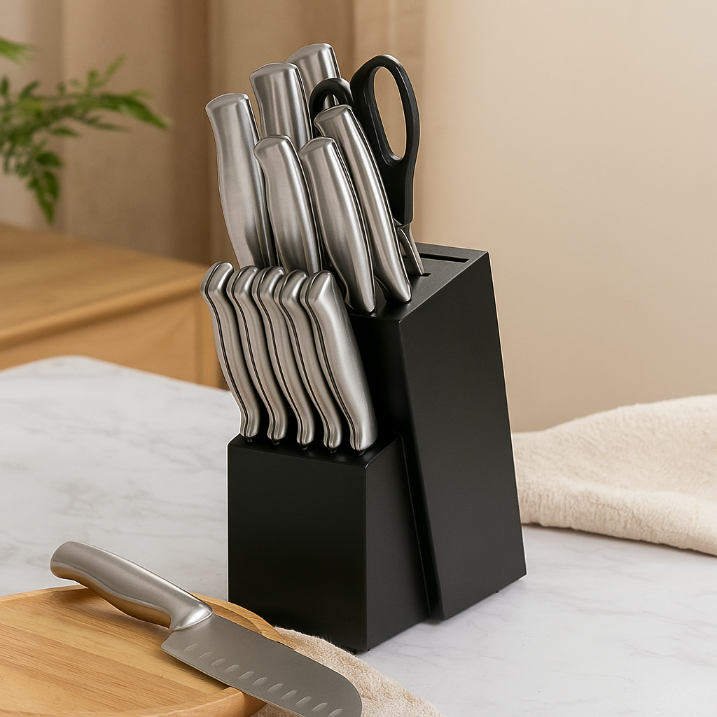 Sande | 14-Piece Stainless Steel Kitchen Utensil Set with Solid Wood Block