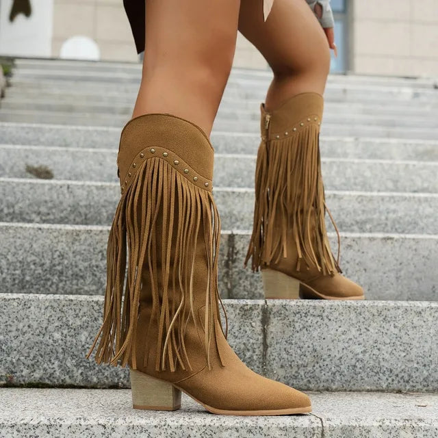 Chisato - Non-slip knee-high cowboy boots (pointed toe)