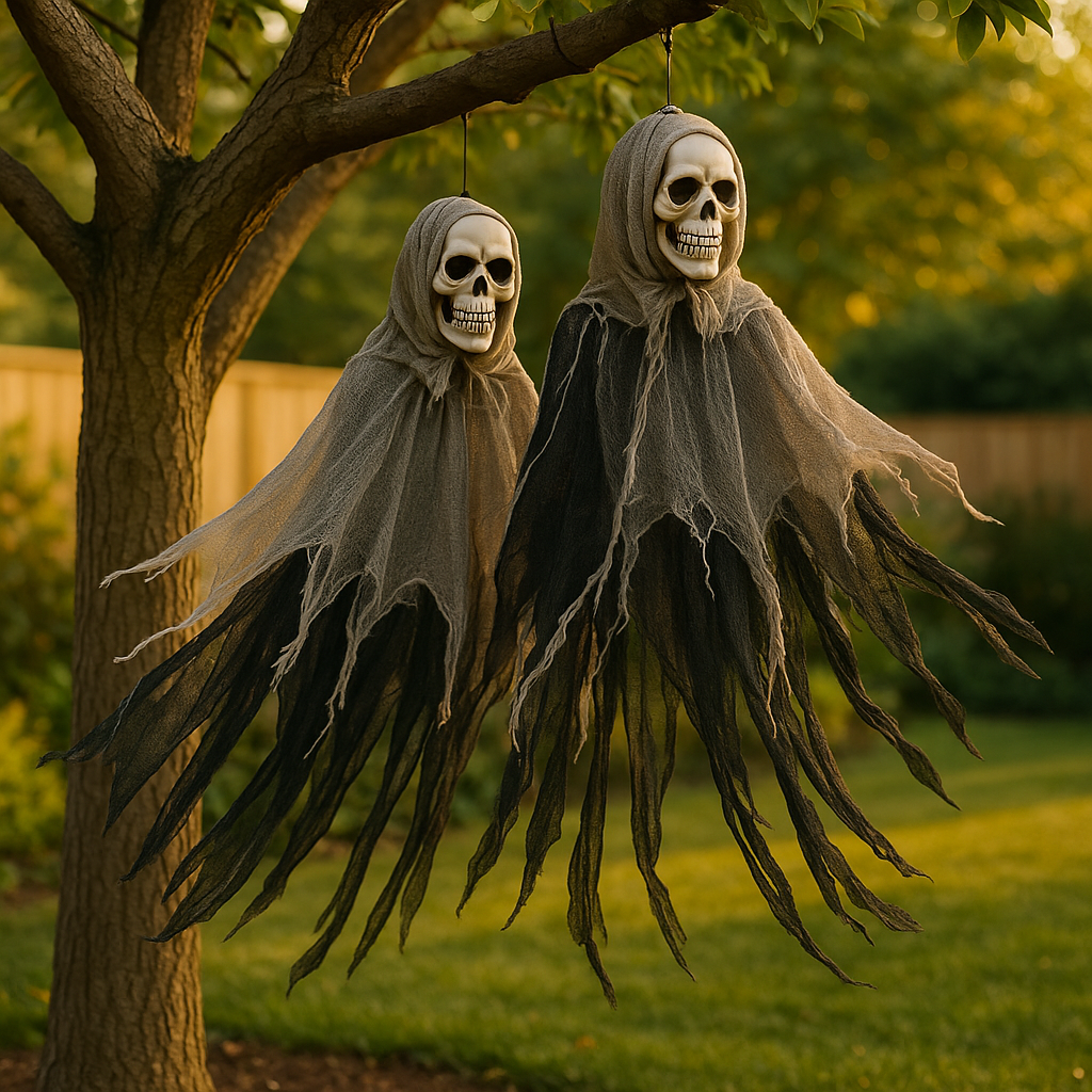 ハロウィーンの吊り下げ飾りとして恐ろしい頭蓋骨 - 不気味な雰囲気を演出する布地付き頭蓋骨ボタン